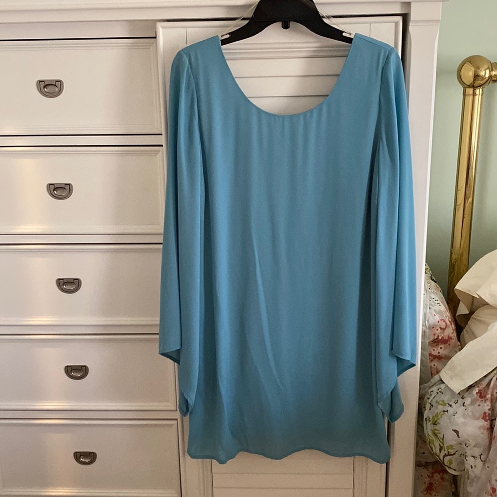 Pink Owl, aqua shift dress with bell sleeves